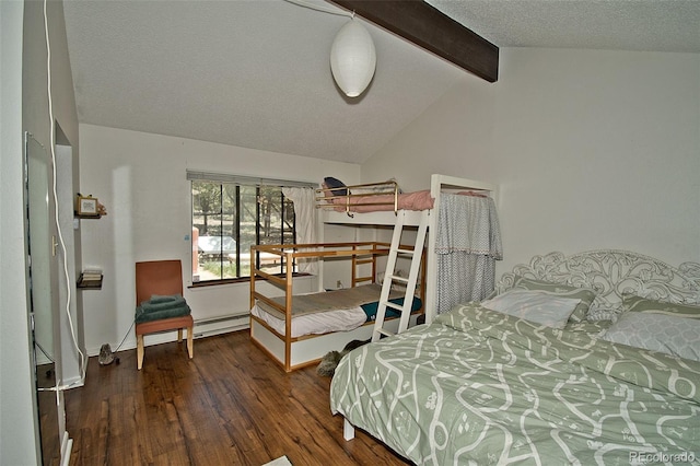 bedroom with a textured ceiling, dark wood-type flooring, and lofted ceiling with beams