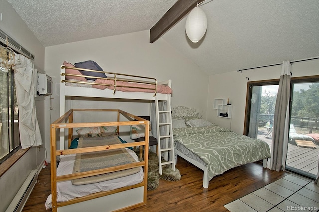 bedroom featuring a baseboard radiator, hardwood / wood-style floors, a textured ceiling, vaulted ceiling with beams, and access to outside