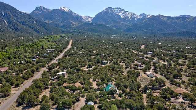 drone / aerial view featuring a mountain view