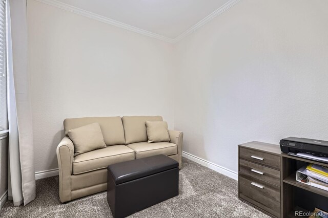 living area featuring baseboards, crown molding, and carpet flooring