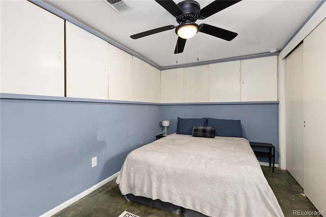 bedroom with ceiling fan and a closet