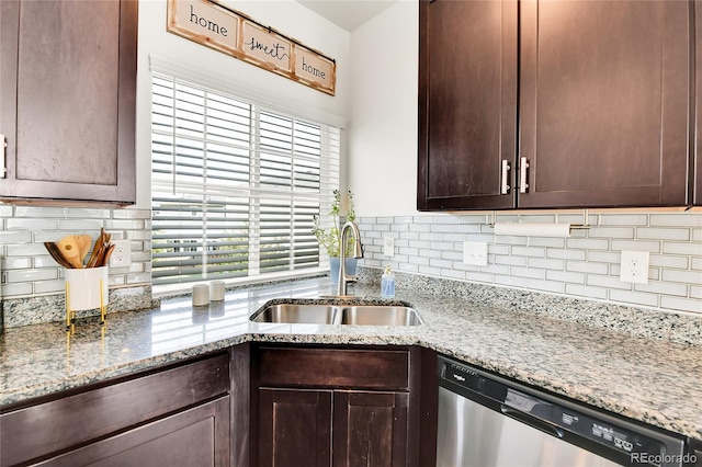 240 S Oak Hill St, Aurora, CO 80018 - kitchen featuring dishwasher, a sink, dark brown cabinets, and tasteful backsplash