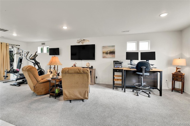 240 S Oak Hill St, Aurora, CO 80018 - living room featuring carpet flooring, a desk, recessed lighting, and baseboards
