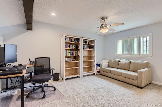 7640 S Monaco Cir W, Centennial, CO 80112 - office with a textured ceiling, ceiling fan, carpet flooring, recessed lighting, and vaulted ceiling