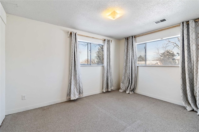 carpeted empty room with plenty of natural light and a textured ceiling