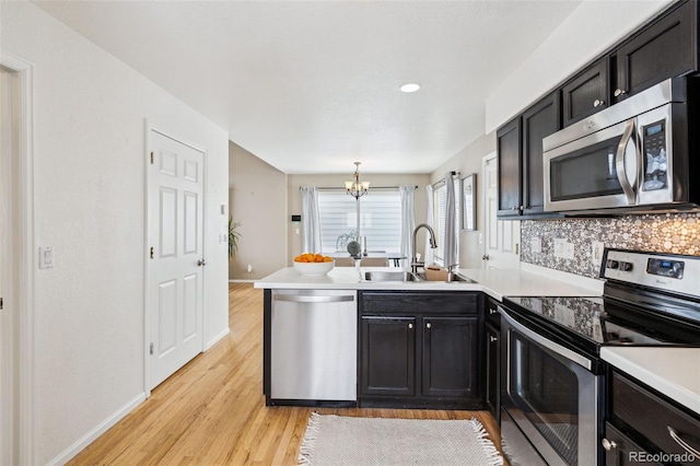 kitchen featuring sink, hanging light fixtures, light wood-type flooring, appliances with stainless steel finishes, and kitchen peninsula