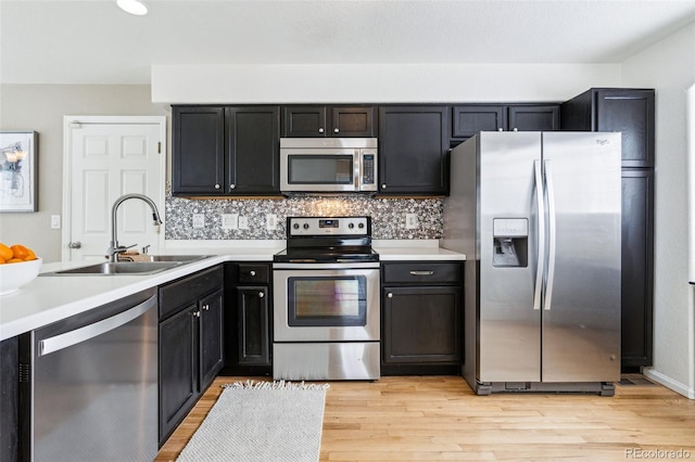 kitchen featuring tasteful backsplash, appliances with stainless steel finishes, sink, and light hardwood / wood-style floors