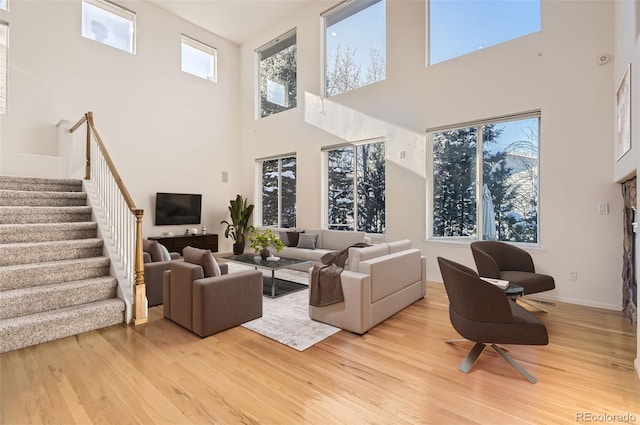 living room with a high ceiling and light hardwood / wood-style flooring