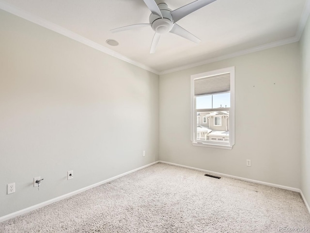 spare room featuring ceiling fan, carpet floors, and ornamental molding