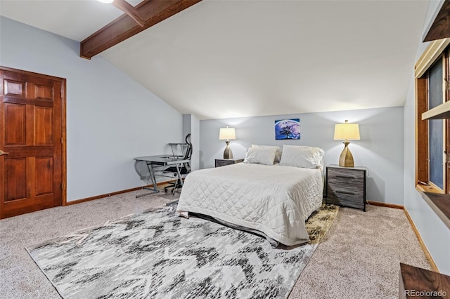 bedroom with vaulted ceiling with beams, baseboards, and carpet floors