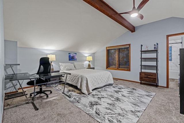 bedroom featuring vaulted ceiling with beams, baseboards, carpet floors, and ceiling fan