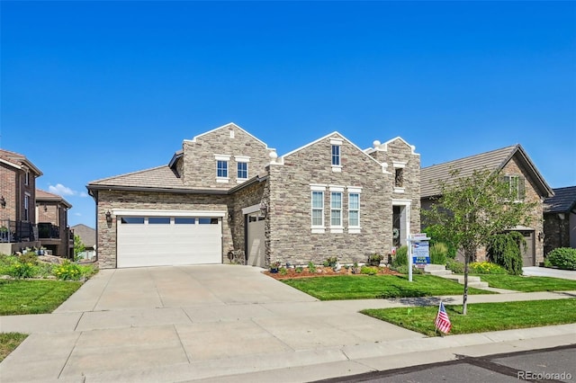 12121 Bryant St, Westminster, CO 80234 - view of front of house with stone siding, driveway, a front yard, and a garage