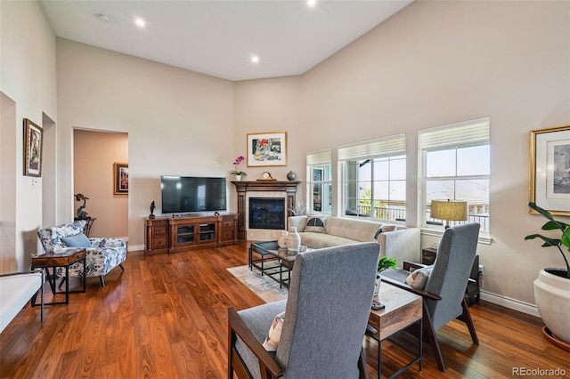 12121 Bryant St, Westminster, CO 80234 - living room featuring a high ceiling, wood finished floors, a glass covered fireplace, and recessed lighting