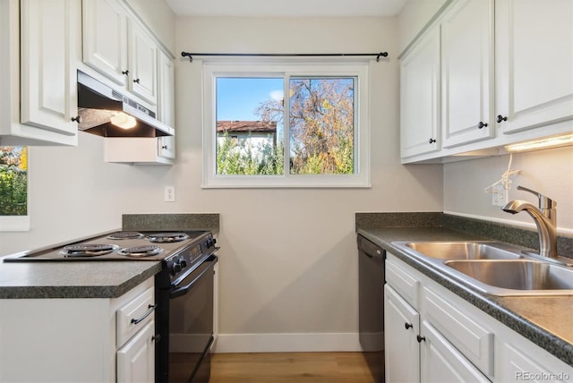 kitchen with white cabinets, sink, hardwood / wood-style flooring, and black appliances