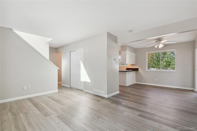 unfurnished living room with ceiling fan and light hardwood / wood-style floors