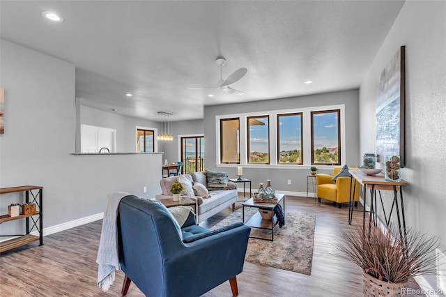 living room with ceiling fan and hardwood / wood-style flooring