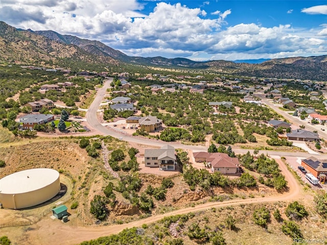 drone / aerial view featuring a mountain view