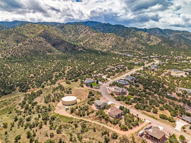 drone / aerial view featuring a mountain view