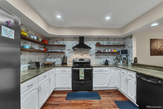 8747 Mesquite Row, Lone Tree, CO 80124 - kitchen featuring wall chimney range hood, stainless steel fridge, dishwasher, open shelves, and electric range