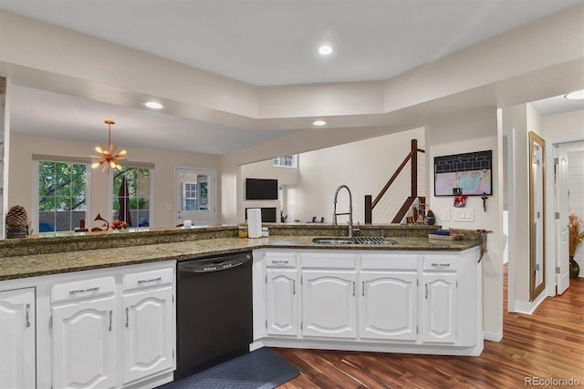 8747 Mesquite Row, Lone Tree, CO 80124 - kitchen with black dishwasher, dark stone counters, white cabinetry, dark wood-style floors, and recessed lighting