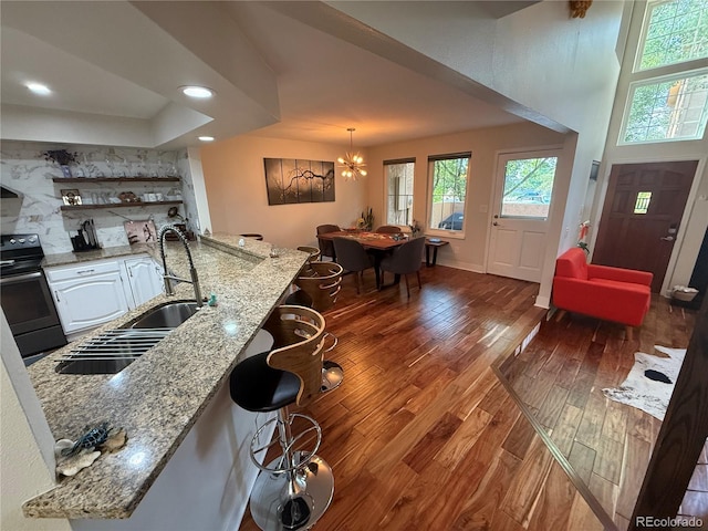 8747 Mesquite Row, Lone Tree, CO 80124 - kitchen featuring electric range, wood-type flooring, open shelves, a breakfast bar area, and light stone countertops