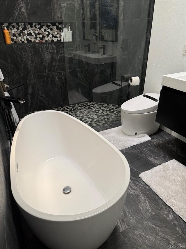 8747 Mesquite Row, Lone Tree, CO 80124 - full bath with a walk in shower, vanity, marble finish flooring, and a freestanding bath