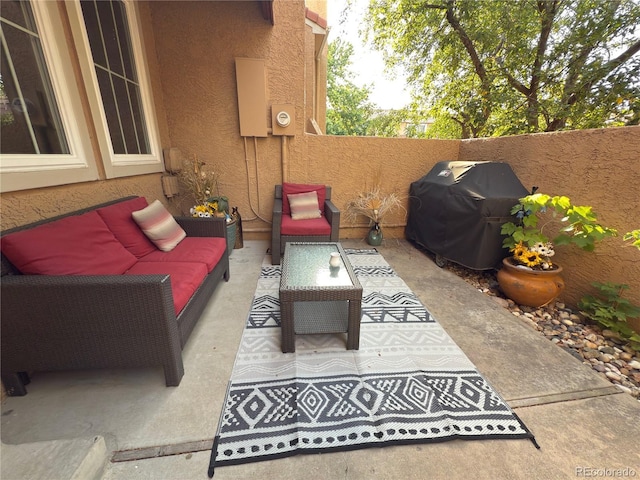 8747 Mesquite Row, Lone Tree, CO 80124 - fenced backyard featuring a grill, outdoor lounge area, and a patio area