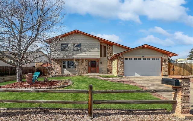 view of front facade with a fenced front yard, brick siding, concrete driveway, an attached garage, and a front yard