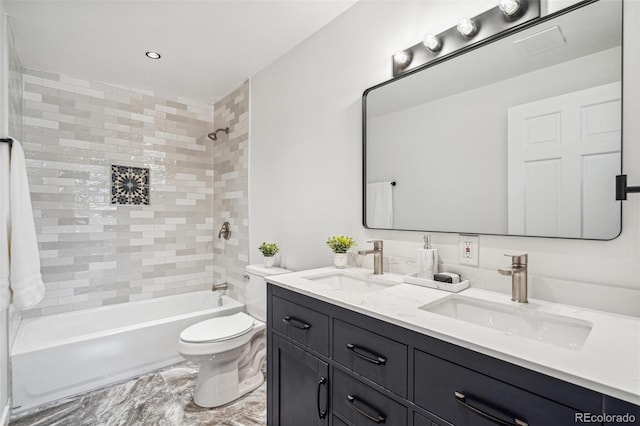 6170 Estes Ct, Arvada, CO 80004 - full bathroom with a sink, shower / bathtub combination, toilet, and double vanity