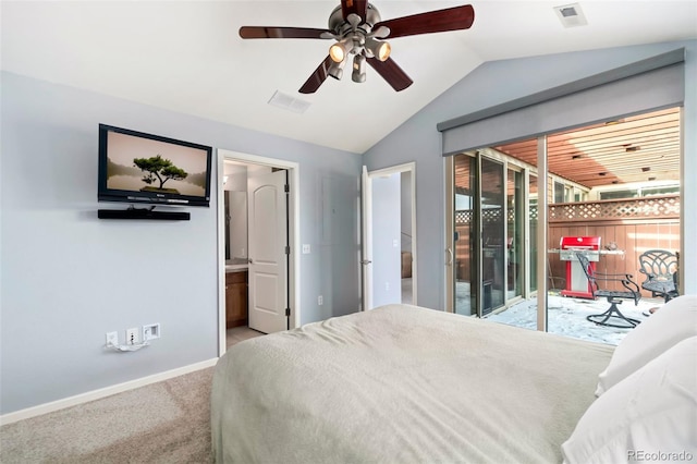 carpeted bedroom with access to exterior, visible vents, baseboards, and lofted ceiling