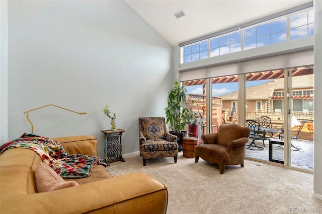 8627 Gold Peak Pl Unit C, Highlands Ranch, CO 80130 - living area featuring carpet flooring and high vaulted ceiling