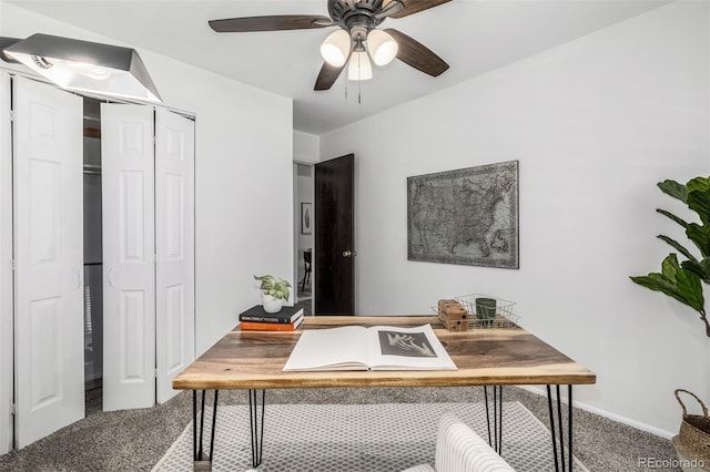 office space with ceiling fan and carpet flooring