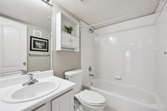 bathroom with visible vents, toilet, a textured ceiling, shower / washtub combination, and vanity