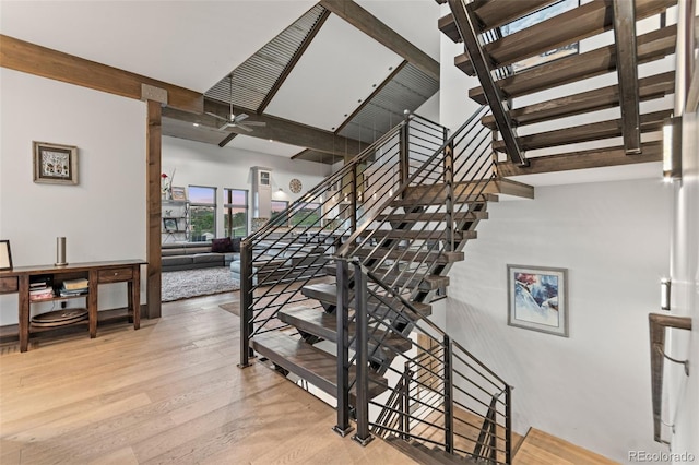 12947 Lazy Dog Ln, Littleton, CO 80127 - stairway featuring wood finished floors and a ceiling fan