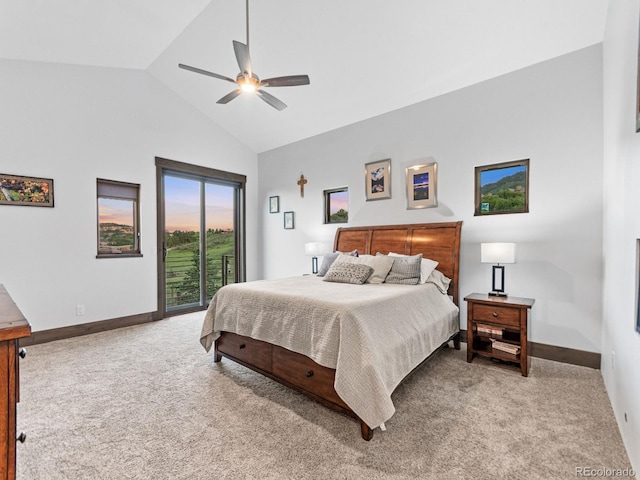 12947 Lazy Dog Ln, Littleton, CO 80127 - bedroom featuring access to outside, light carpet, high vaulted ceiling, and a ceiling fan