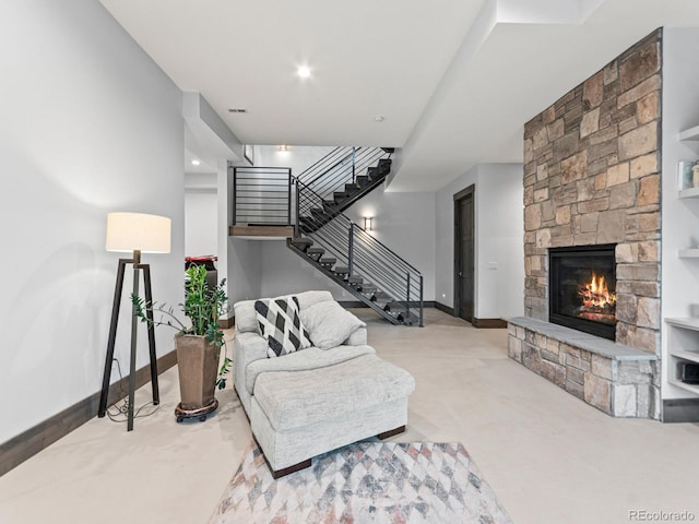 12947 Lazy Dog Ln, Littleton, CO 80127 - living room with stairway, an outdoor stone fireplace, and carpet floors