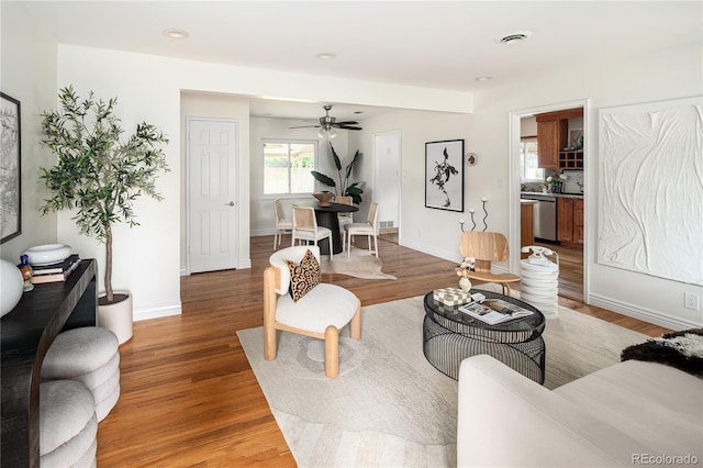 2680 S Garfield Cir, Denver, CO 80210 - living area featuring light wood-type flooring, ceiling fan, and recessed lighting
