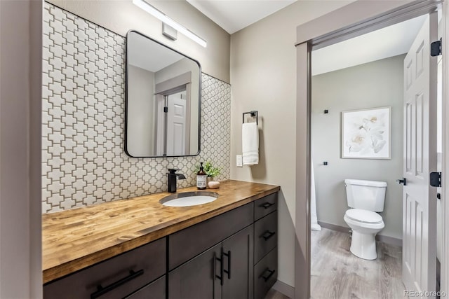 143 Brady Rd, Buena Vista, CO 81211 - bathroom featuring tasteful backsplash, toilet, vanity, wood finished floors, and baseboards