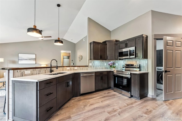 143 Brady Rd, Buena Vista, CO 81211 - kitchen featuring stainless steel appliances, washer / dryer, a peninsula, lofted ceiling, and light countertops