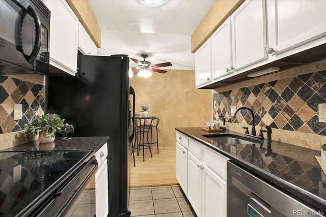7755 E Quincy Ave Unit 206, Denver, CO 80237 - kitchen with black microwave, dishwasher, ceiling fan, decorative backsplash, and white cabinets