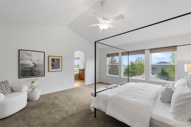 bedroom with multiple windows, lofted ceiling, light colored carpet, arched walkways, and baseboards