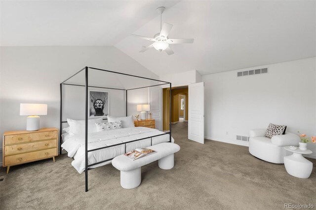 carpeted bedroom featuring a ceiling fan and high vaulted ceiling