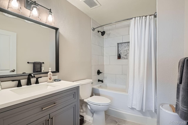 full bathroom featuring vanity, shower / tub combo, and toilet