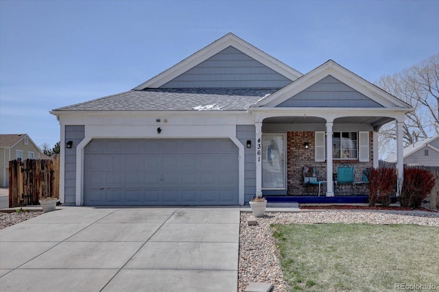 4361 Kirk Ct, Denver, CO 80249 - ranch-style house featuring fence, concrete driveway, covered porch, roof with shingles, and a garage