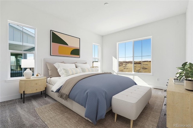 bedroom featuring carpet, multiple windows, and baseboards