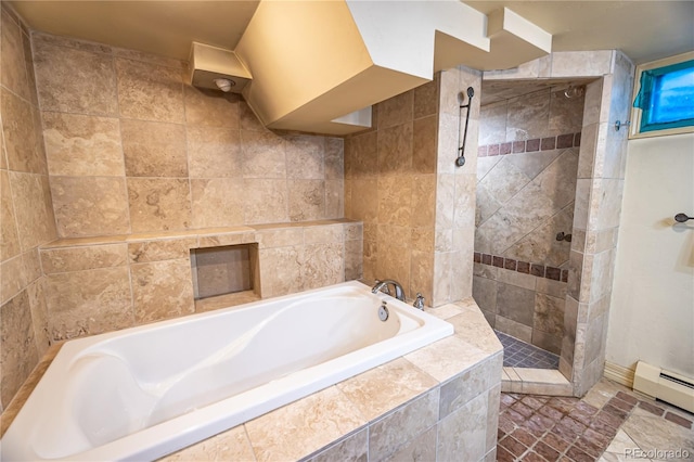 bathroom featuring separate shower and tub and a baseboard radiator