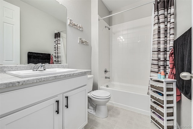 full bathroom with shower / bath combination with curtain, vanity, and toilet