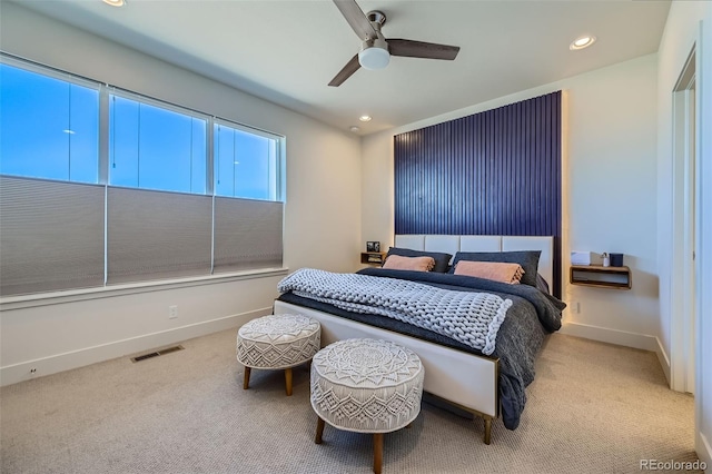 bedroom featuring carpet, visible vents, baseboards, and recessed lighting