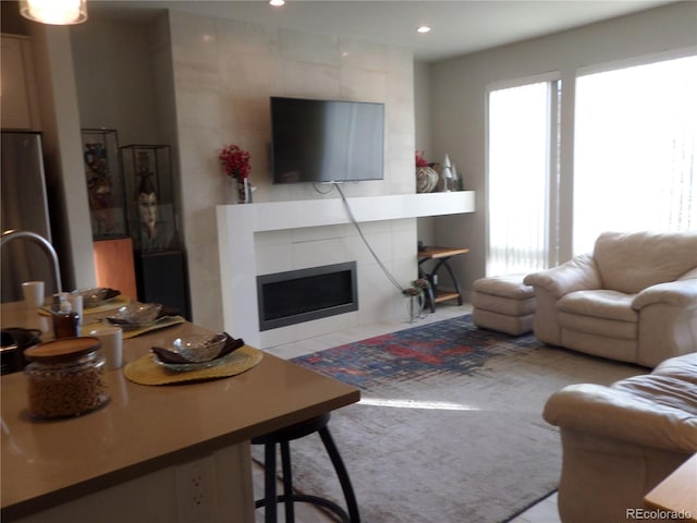 living room with a fireplace