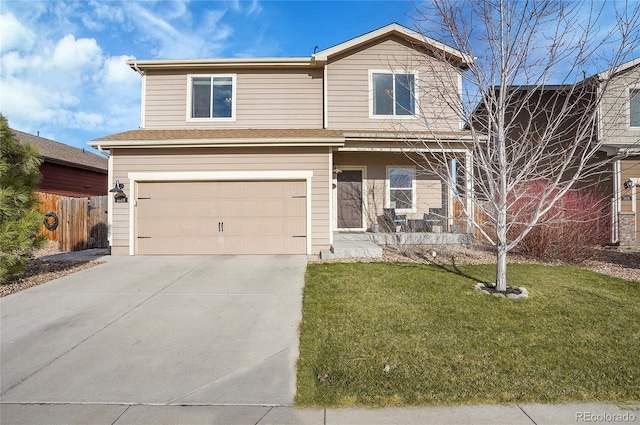 traditional home with fence, a front lawn, concrete driveway, an attached garage, and a porch